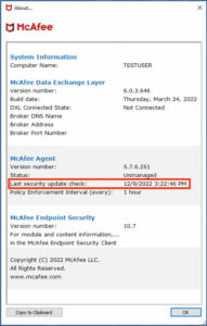 McAfee Last Security Update Check screenshot