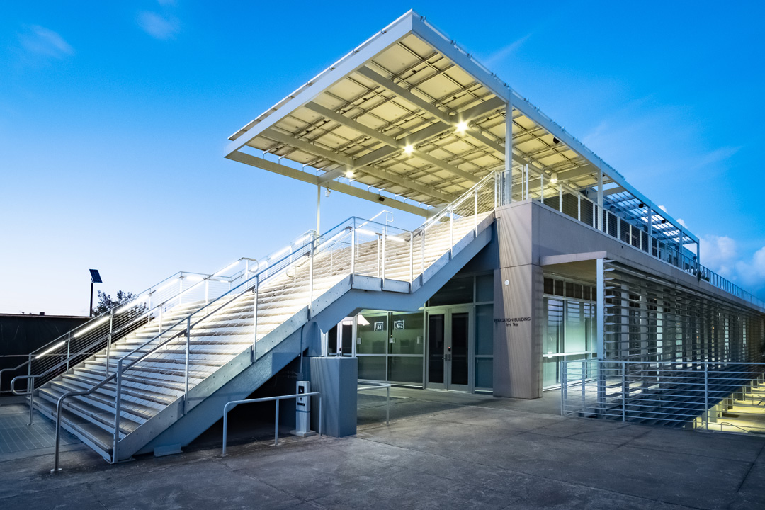 Exterior of ED building at twilight