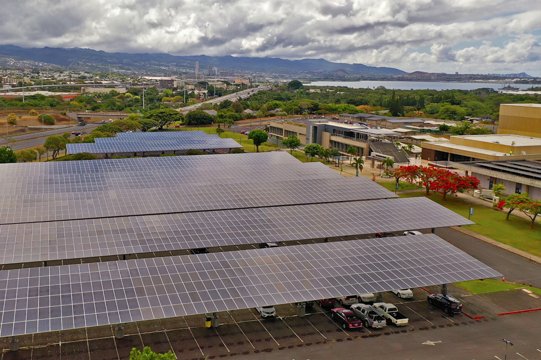 Aerial view of campus looking out toward Diamond Head